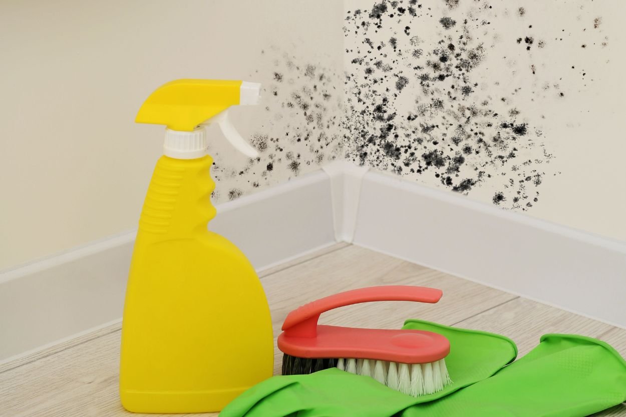 Yellow spray bottle, green mop, and yellow brush, tools for a mold removal service in Las Vegas, NV.
