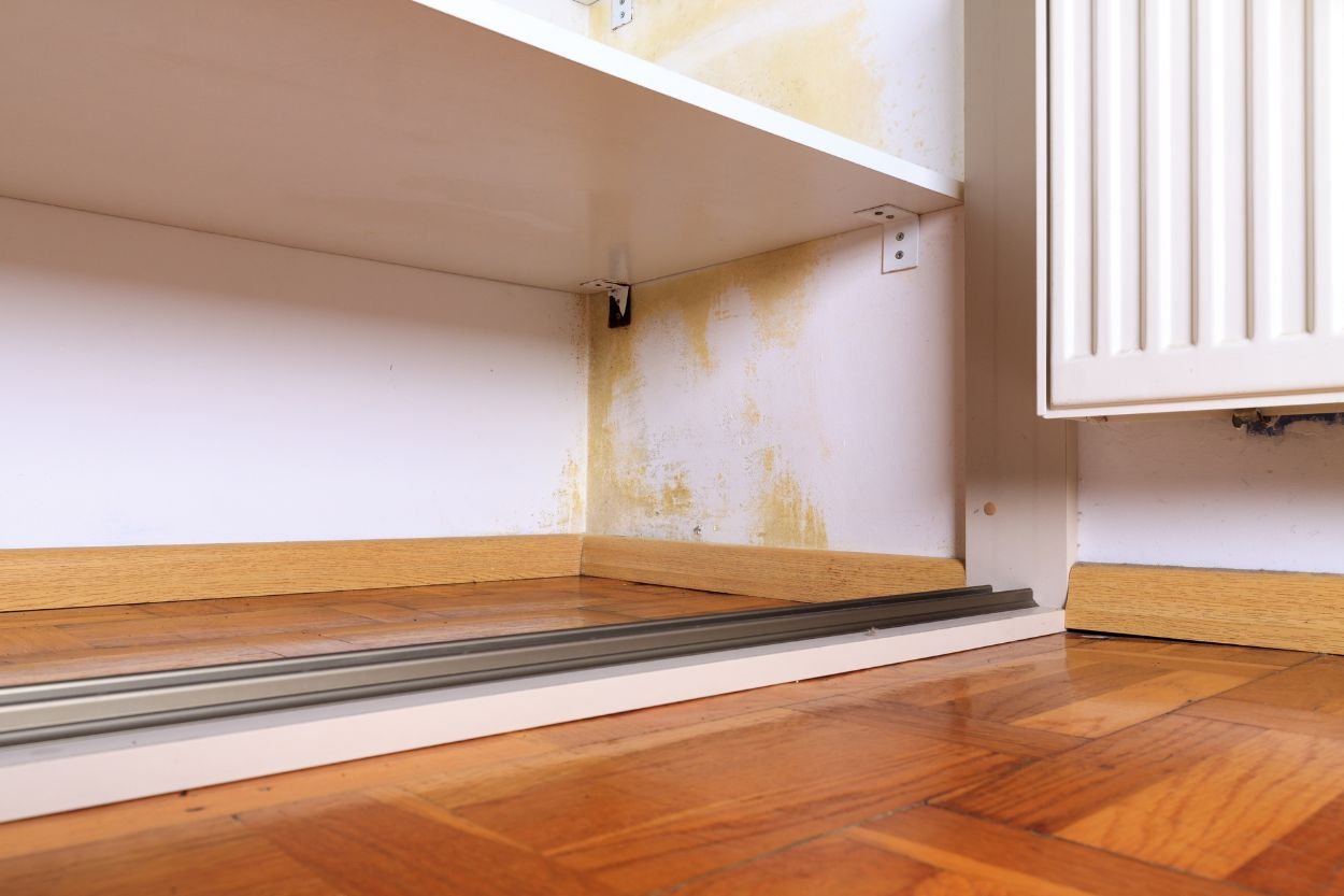 A wooden floor and white cabinet, illustrating a tidy area related to wood mold removal services in Las Vegas, NV.