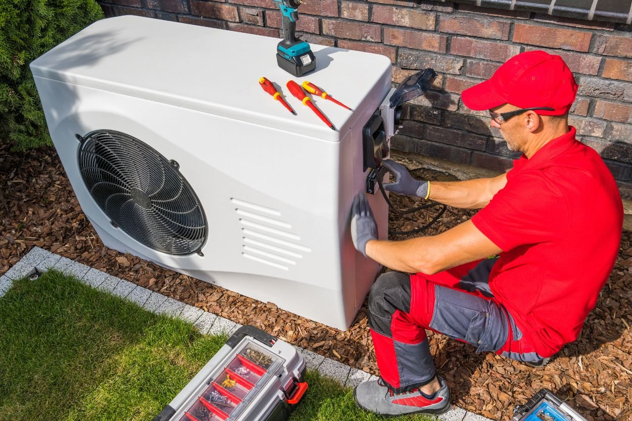 A technician in a red shirt and hat services an air conditioner, highlighting HVAC mold removal in Las Vegas, NV.